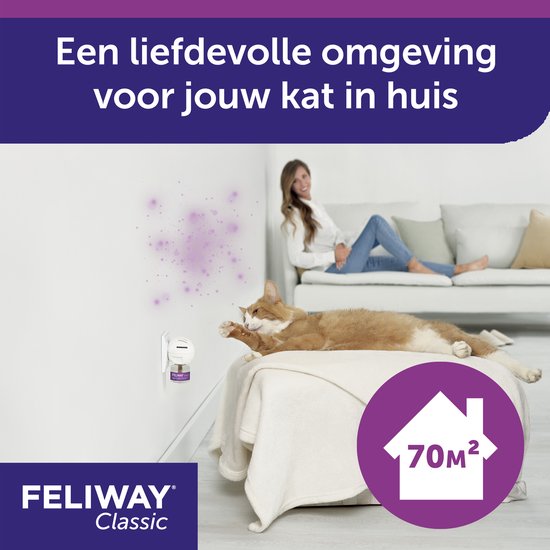 Een witte wandverdamper met een Feliway Classic flesje, aangesloten op een stopcontact. Een kat ligt op een bank. Paarse stippen in de lucht.