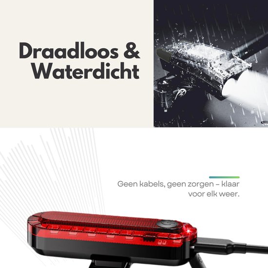 Felle fietslampen schijnen in de regen. Een rode, waterdichte fietsachterlamp met USB-oplaadpoort.