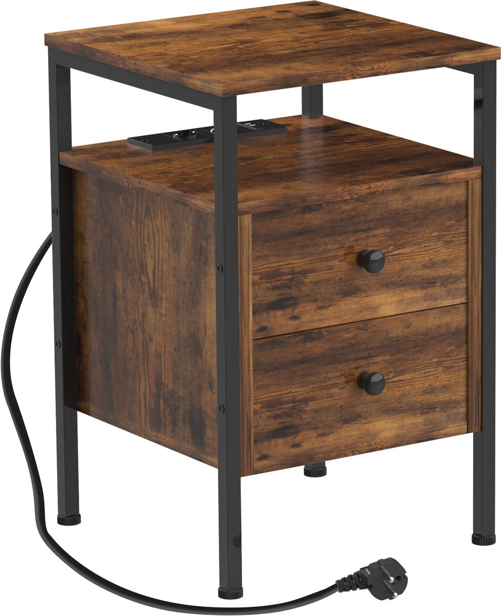 PIPIPOXER- Bijzettafel met oplaadstation, Nachtkastje met 2 lades, USB-aansluiting en stopcontact 40x40x61cm