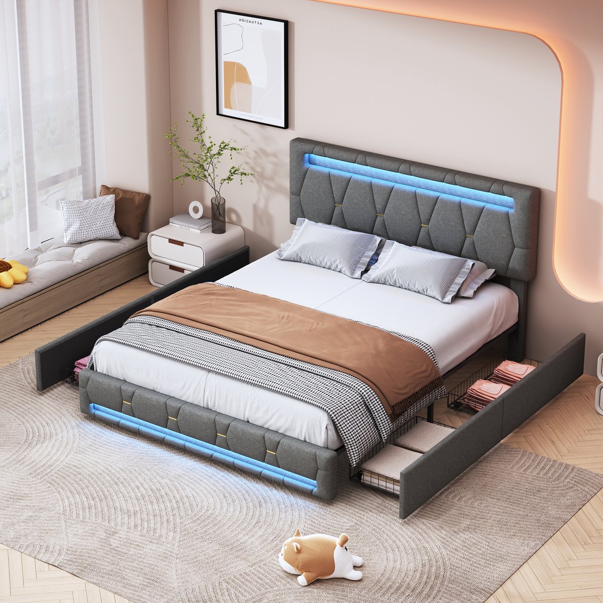 ROSAHQNDA Gestoffeerd bed met 4 lades, 140 x 200 cm, modern tweepersoonsbedframe in grijs linnen met ledverlichting, zonder matras (wordt in 2 pakketten verzonden)