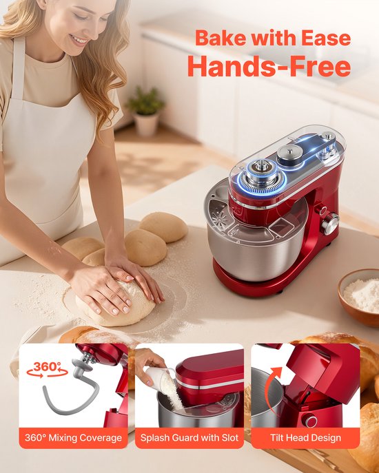 5,7 L Elektrische Standmixer, 1500W Keukenapparaat met 10 Instelbare Snelheden, Kantelbaar Kopontwerp, Roestvrijstalen Kom, Deeghaak, Garde en Klopper voor Bakken, Mixen, Kloppen en Kneden, Zilver van Acekool — afbeelding 4