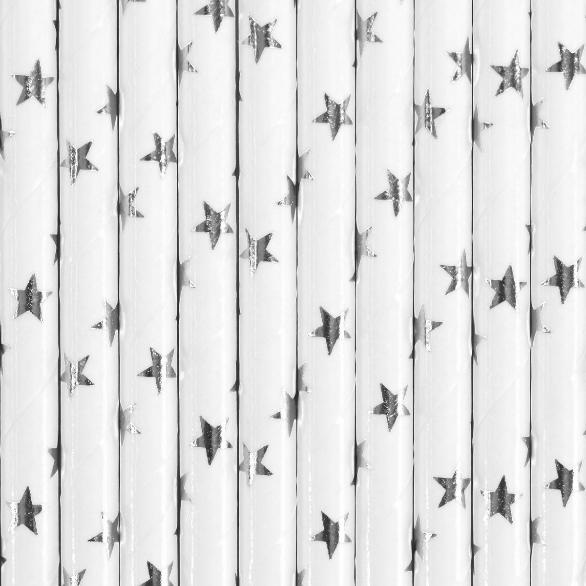 PartyDeco drinkrietjes - wit met zilveren sterren - 30x stuks - papier - 20 cm