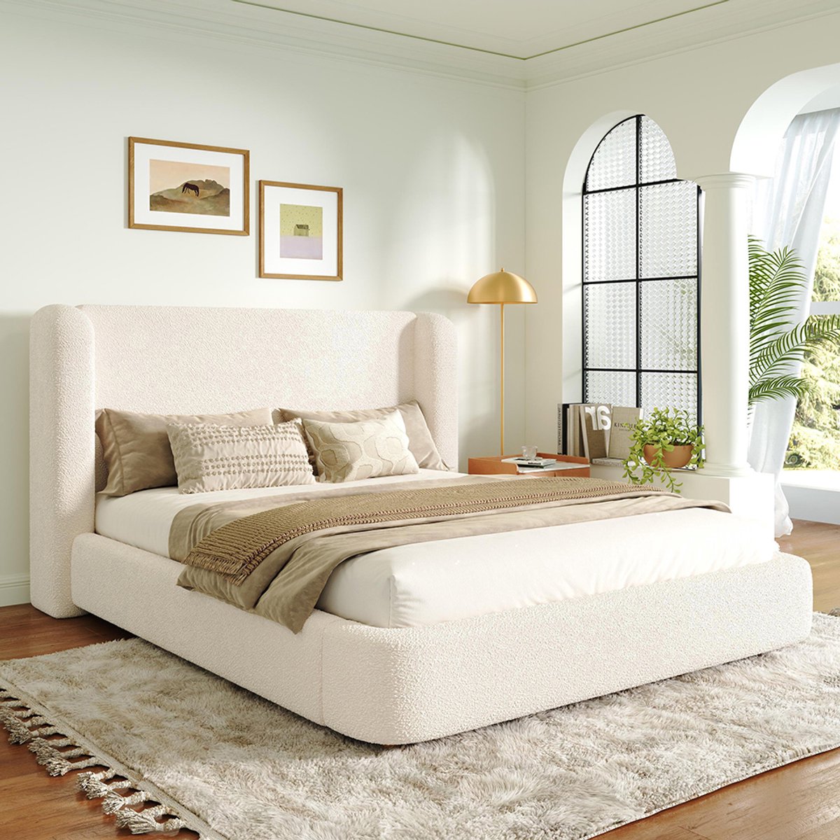 Pugsdrly Gestoffeerd bed, tweepersoonsbed, functioneel hydraulisch bed, lattenbodem, hoofdeinde en grote opbergruimte, gestoffeerd hoofdeinde, beige bouclé, 160 x 200