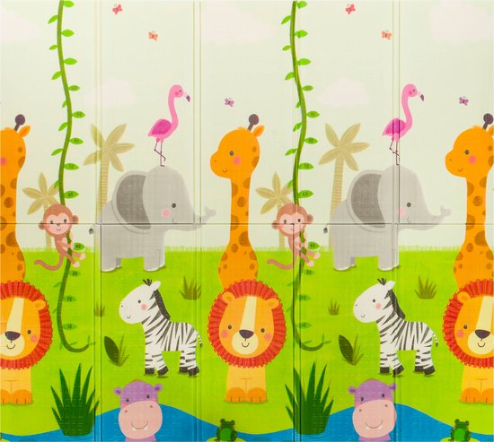 Dubbelzijdig speelkleed met safari thema. Afbeelding van leeuwen, zebra's, olifanten, giraffen, apen, nijlpaarden, flamingo's, vlinders, palmbomen en gras.