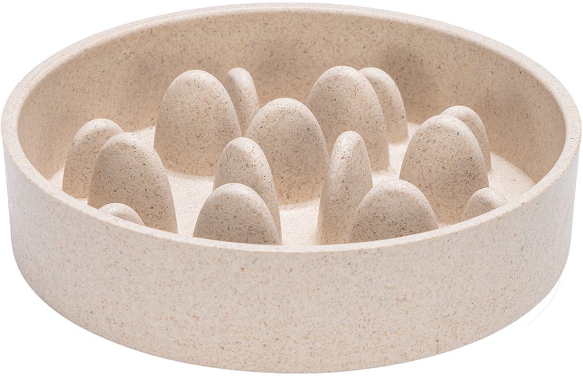 Designed by Lotte Pom Antischrokbak Kat - Slowfeeder kat - Voerbak - Vaatwasserbestendig - Bamboe - Beige - 410 ml