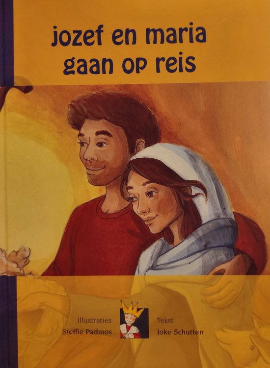 Boek 'Jozef en Maria gaan op reis'. Portret van Jozef in rood shirt en Maria met witte hoofddoek, illustratie van Steffi Padmos.