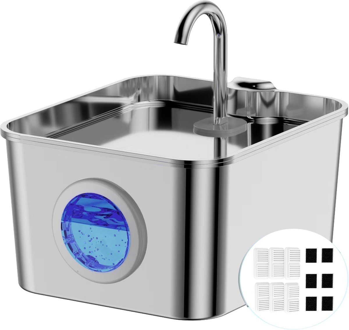 Balimo Drinkfontein Kat - 2.6 L - RVS - Waterfontein met Venster - Kattenfontein - Waterdispenser - Fluisterstil - Incl. 6 Filters en cleaning tool - Zilver