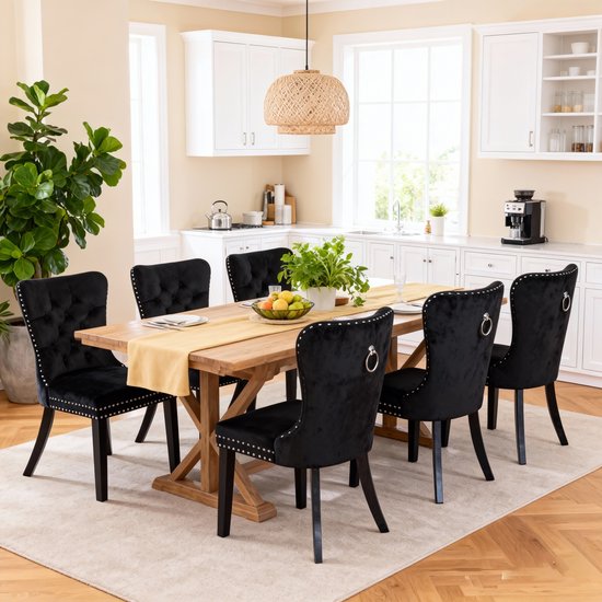 Puluomis Chaise de salle à manger - Ensemble de 6 - Noir - Velours - Velvet - Pieds en bois massif - Chaise
