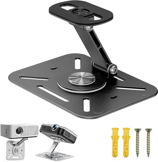 Een zwarte metalen beamerbeugel met montagemogelijkheden en accessoires zoals pluggen en schroeven.