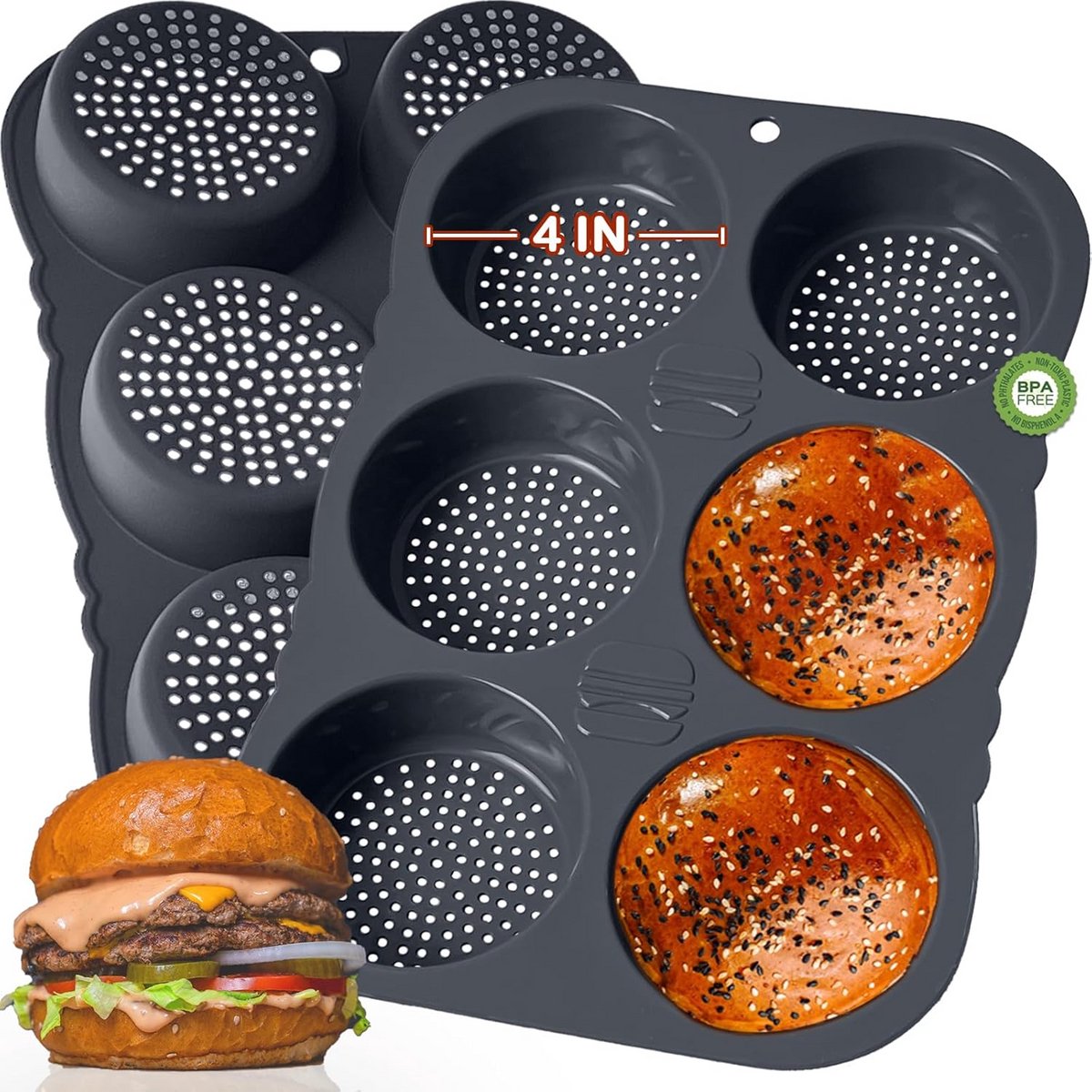 Bakvorm voor 6 Grote Hamburgerbroodjes, Flexibele Siliconen Bakvorm