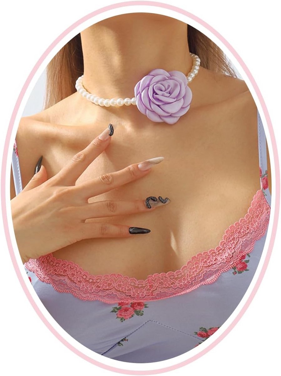 Handgemaakte Choker Ketting met Zoetwaterparels en Camellia Bloem - Vintage Bloem Halssieraad