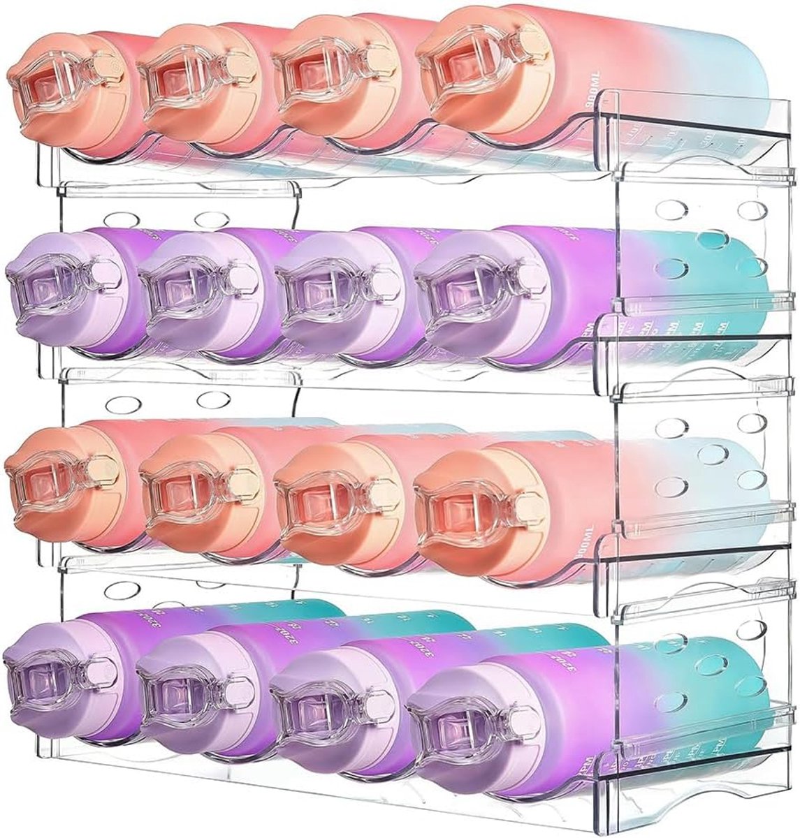 Famanu – Transparante stapelbare waterfles-organizer set van 4, flessenrek voor 16 flessen voor keuken, werkblad en koelkast