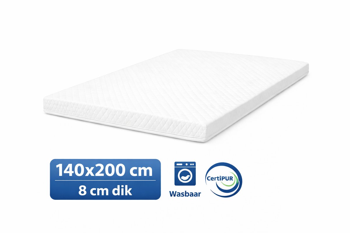 Kikishop Topdekmatras 140x200 – 8 cm HR Koudschuim – Afritsbaar & Wasbaar – CertiPUR® Gecertificeerd – Medium Hardheid – Comfort Matrastopper
