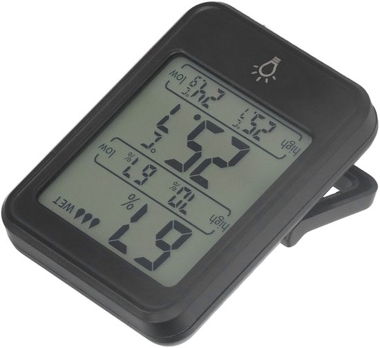Zwarte digitale thermometer met LCD-scherm dat 25.5°C, 67% en 70% weergeeft. Lampje icoon.