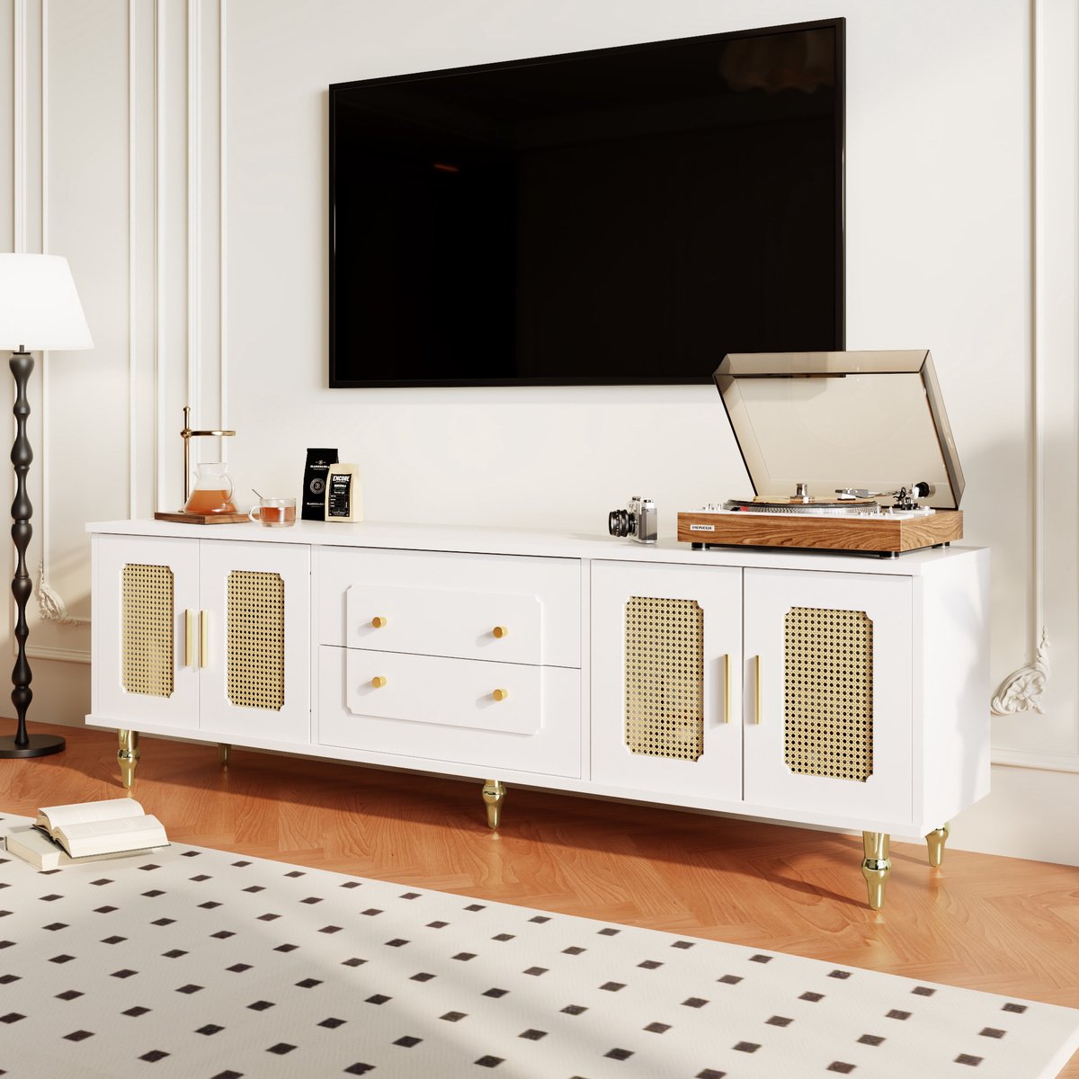 REDOM TV-meubel - spaanplaat (Particle Board) - met 4 PVC rattan deuren - 175 x 38 x 55,5 cm White Wit