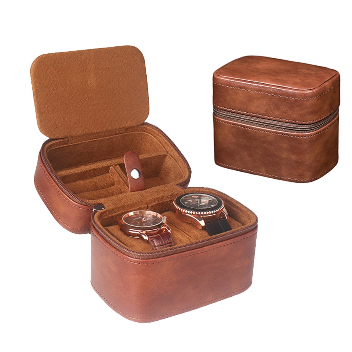 Reisetui-opbergdoos voor 2 horloges, horlogedoos | Robuuste draagbare beschermhoes met ritssluiting, geschikt voor alle polshorloges (bruin)