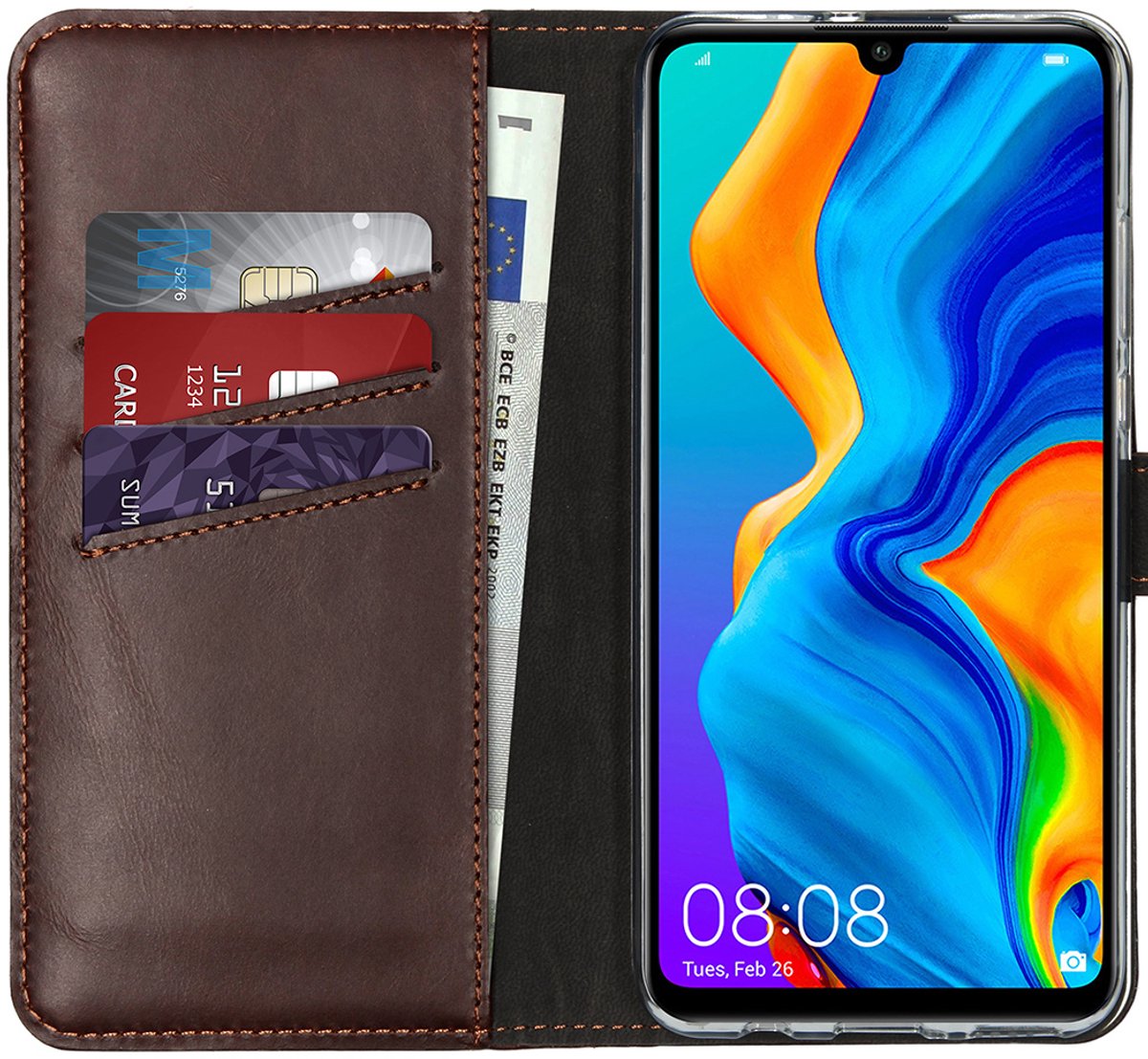 Selencia Hoesje - Geschikt voor Huawei P30 Lite - Echt Lederen Bookcase - Bruin