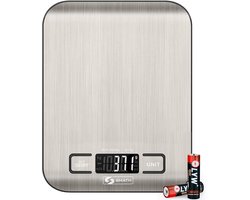 Smath® Keukenweegschaal Digitaal - Weegschaal Keuken RVS - Tarra Functie - 1g Nauwkeurig - 5kg - LED Display - Incl. Batterijen - Zilver