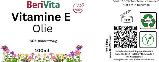 Label van BeriVita Vitamine E Olie, 100ml, 100% plantaardig.