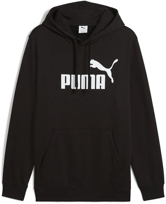 Zwarte PUMA hoodie met wit PUMA logo op de borst, gedetailleerde weergave.