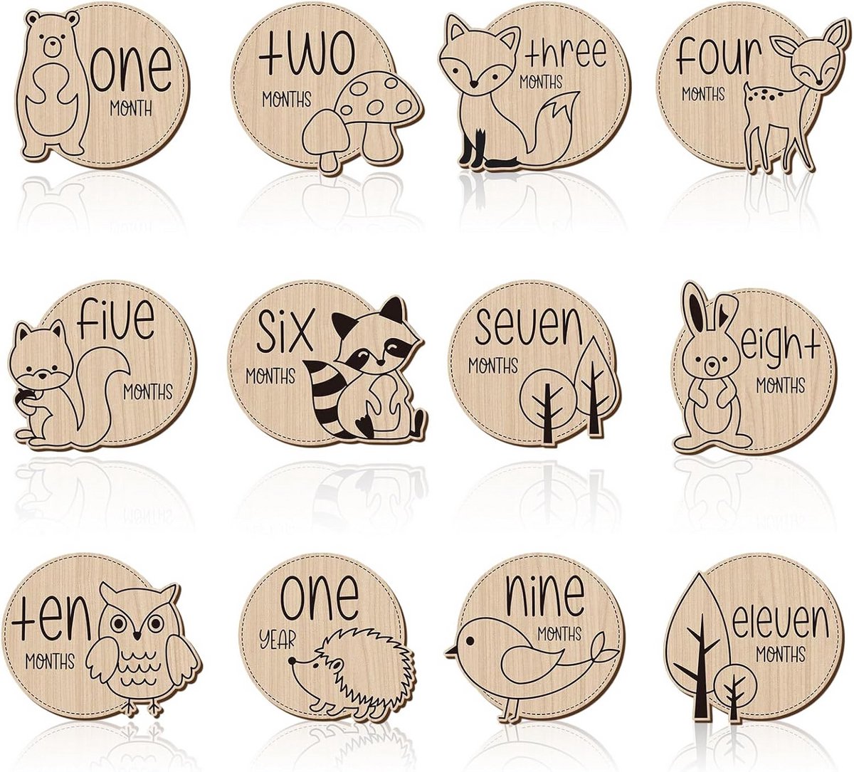 Houten Mijlpaalkaarten voor Baby's met Diermotief - 12 Stuks