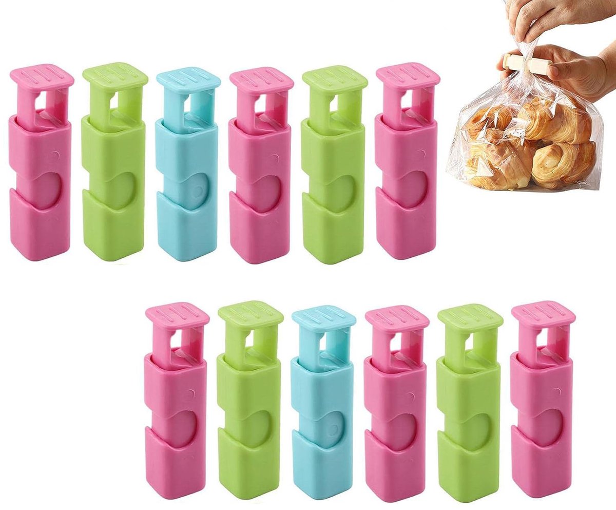 12 voedselzakclips - Broodzakclips - Voedselafdichtingsclips - Vochtbestendige en vershoudende clips - Herbruikbare plastic clips - Antislip en gemakkelijk te gebruiken sluitclips - voor brood, rijst, bonen, gedroogd fruit en diepvriesproducten