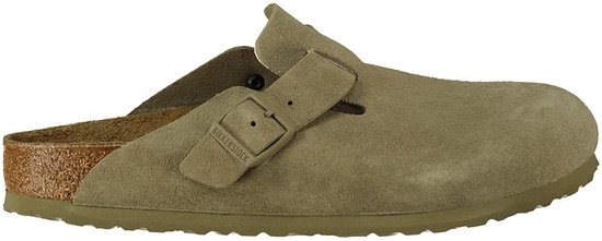 Bruine suède Birkenstock Boston slipper met gesp, mokkatoe.