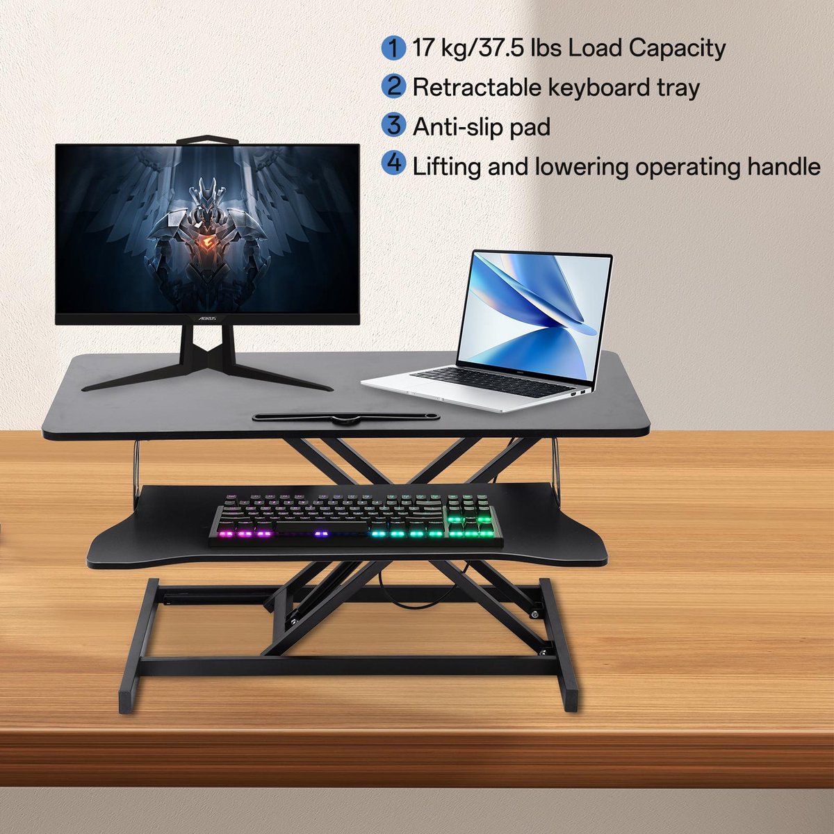 37-inch breed verstelbare dubbele monitor bureauconverter met handmatige gasveerheffing (46,99 cm verhoogde hoogte) - Zwart