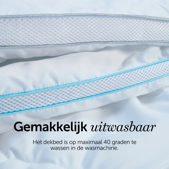Détail d'une couette blanche avec passepoil bleu et une structure en filet. Texte : 'Facilement lavable'.