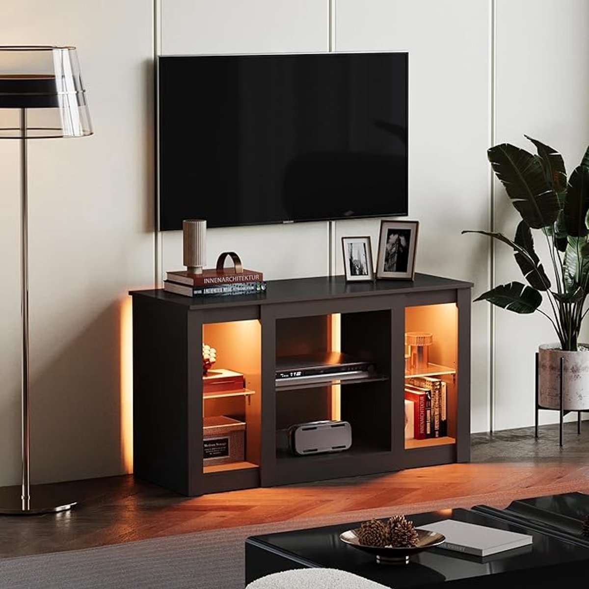 LED TV-meubel – Modern Lowboard met 22 RGB Kleuren, Verstelbare Glazen Planken, Dressoir v