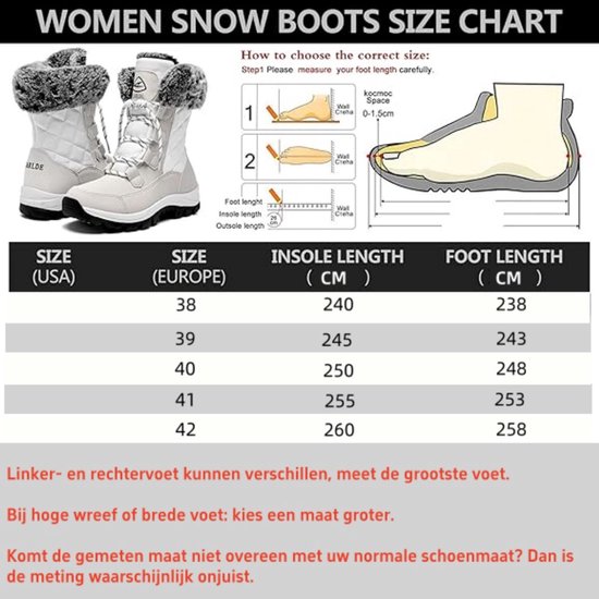 Maattabel voor dames snowboots met witte bontrand. Toont schoenmaten, binnenzoollengte en voetlengte.