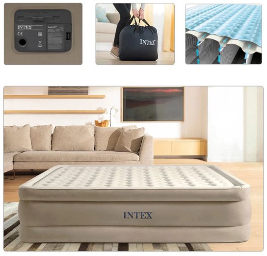 Collage d'un matelas pneumatique Intex, comprenant des gros plans de la pompe, un sac de transport et la structure interne.