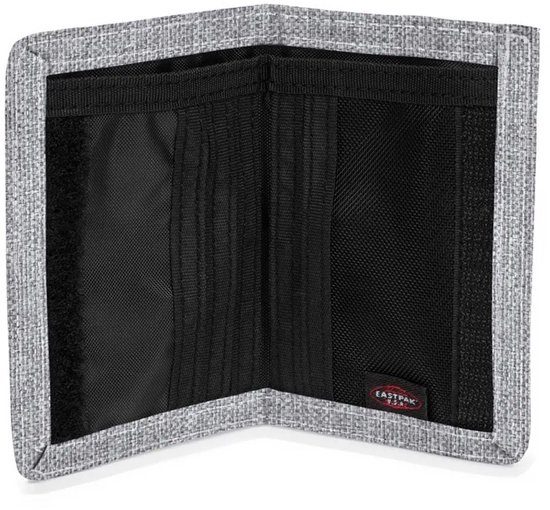 Grijze Eastpak portemonnee, open met zwarte vakken en Eastpak logo.