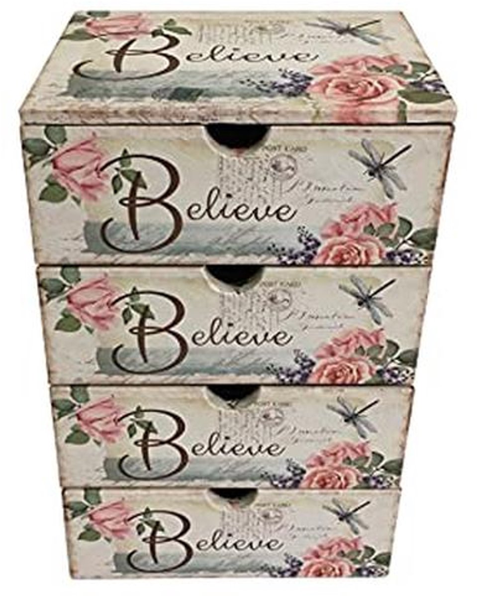 Tafelladekast voor sieraden en make-up, 4 Laden, Shabby Wit Roze - 32 x 16 x 20 cm