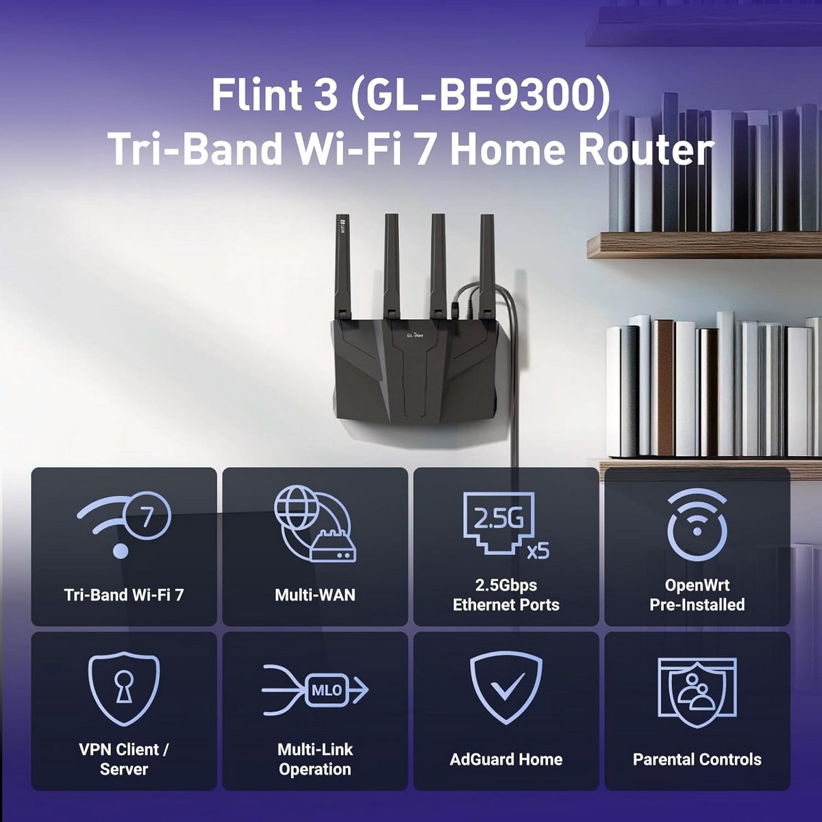 GL.iNet Flint 3 Tri-Band WiFi 7 Router met Hoge Snelheid en Uitgebreide Dekking thumbnail 5