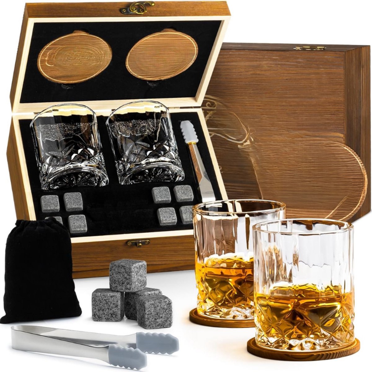 Luxe Whiskey Cadeauset – Inclusief 2 Whiskeyglazen 310ML – 8 Whiskeystenen – 2 Onderzetters – Fluwelen Opbergzak – Opbergdoos – Herbruikbare IJsblokken