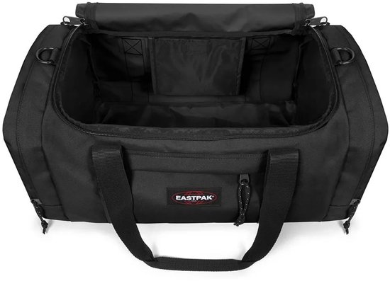 Open zwarte Eastpak Reader S+ reistas met interne vakken.