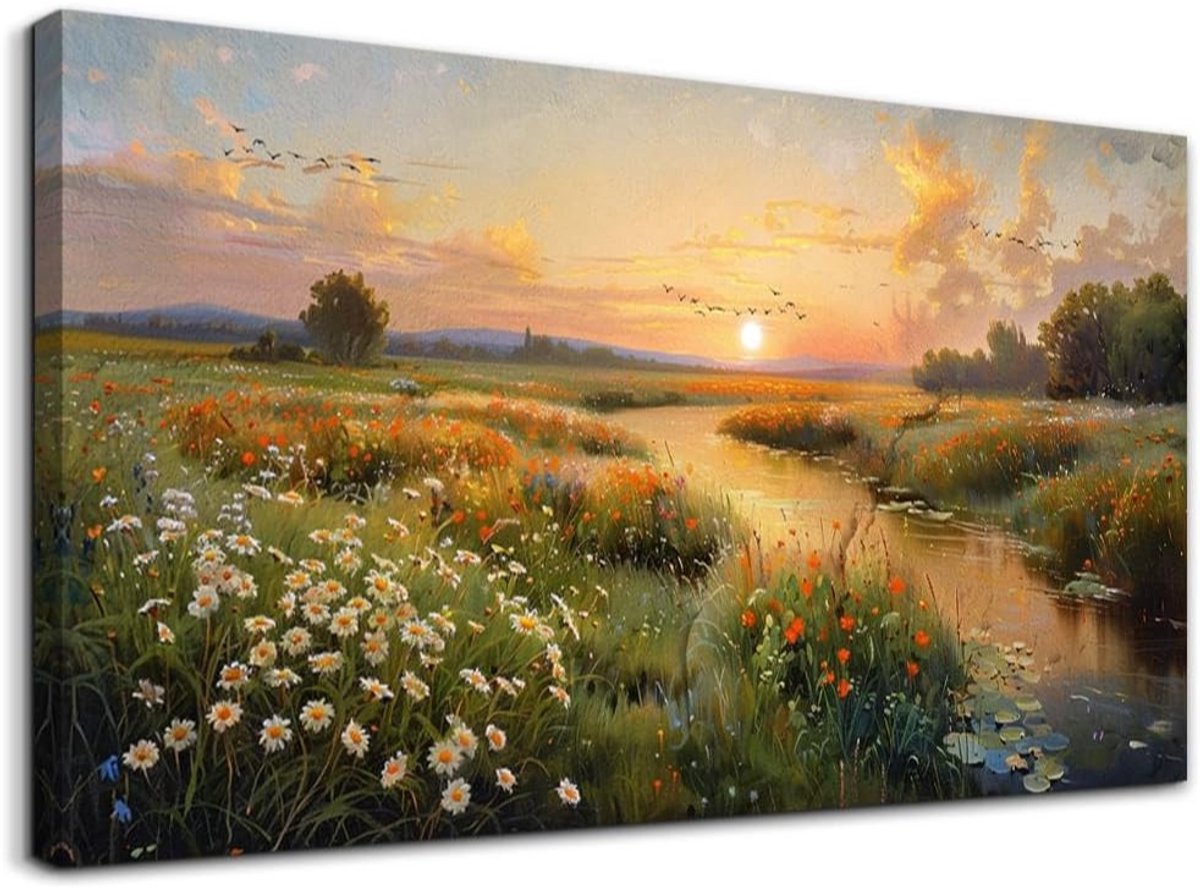 Modern Groot Canvas 59x119 Cm – Mystieke Zonsondergang Boven Moerasland | Luxe Wandkunst Voor Elk Interieur
