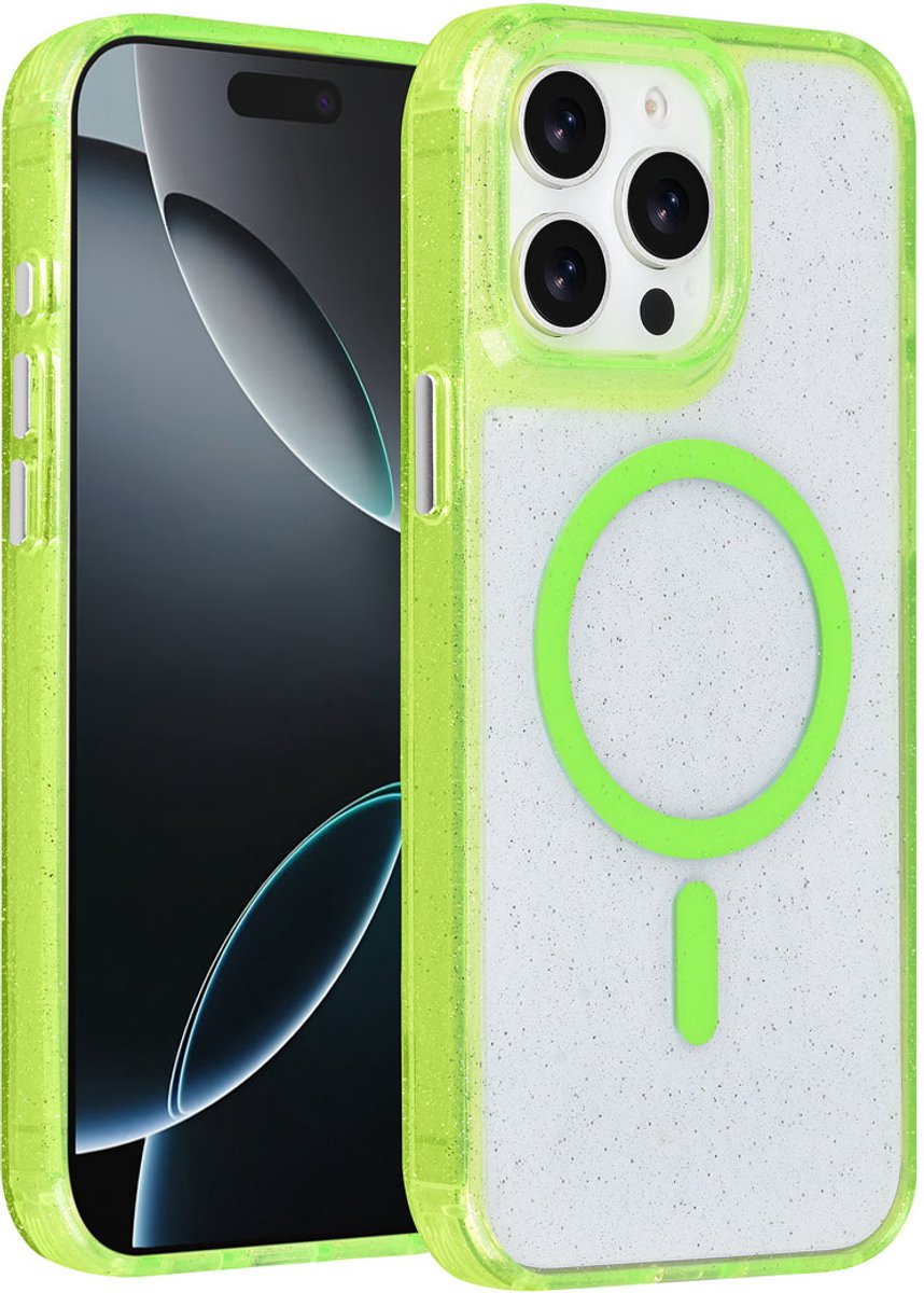 TUNIQ telefoonhoesje voor Apple iPhone 15 Pro Max - MagSafe met glitter en koord - Groen