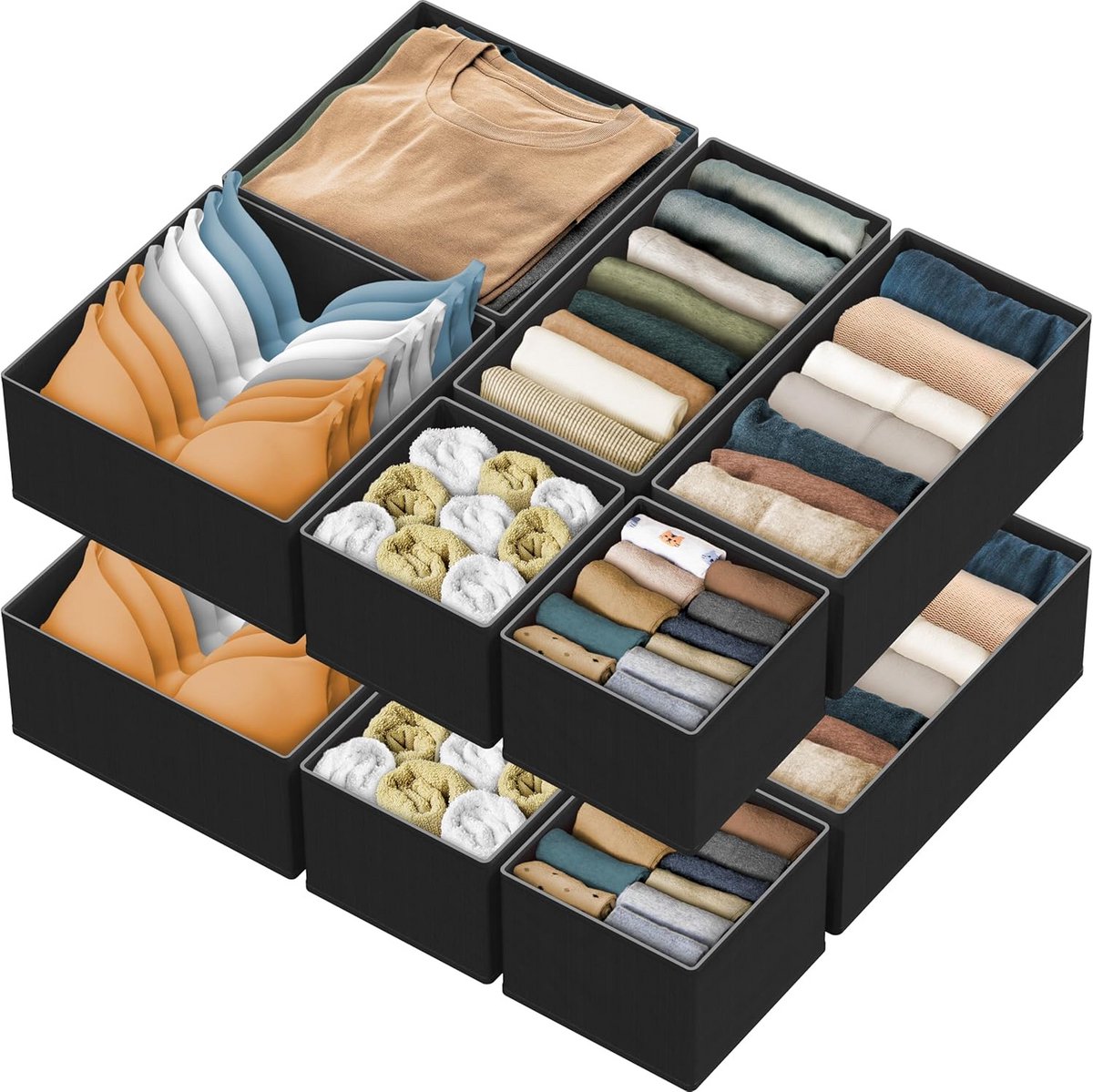 Opvouwbare Lade Organizer voor Kleding, Ondergoed en Panty's - Set van 12, Zwart