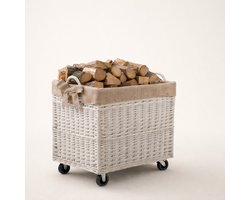 The Wicker Stories – Grote rieten opbergkist op wielen voor haardhout – whitewash – jute voering – handgemaakt van natuurlijke wilg in Europa