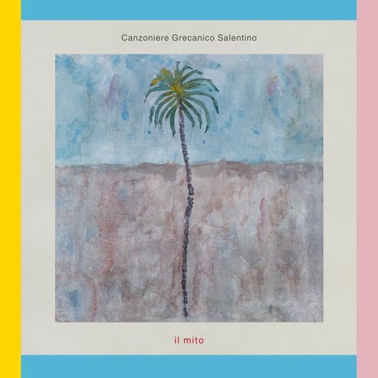 Schilderij van een palmboom met gekleurde achtergrond. Titel: Canzoniere Grecanico Salentino - il mito