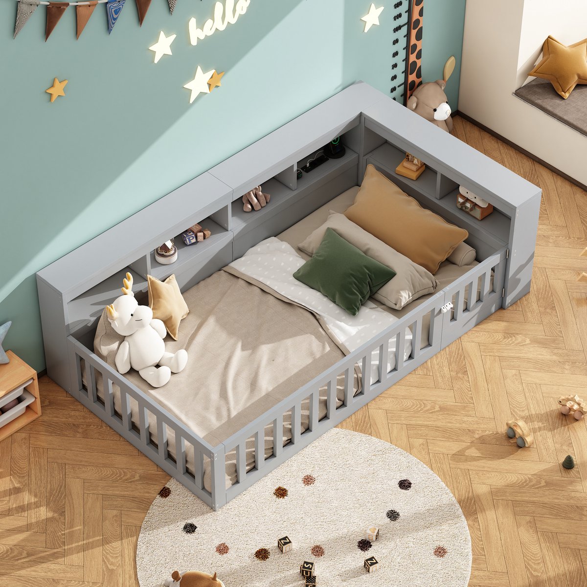 STILVORA Eenpersoonsbed 90x200 cm – Dagbed met Opbergvak & USB/Stopcontact – Lattenbodem inbegrepen – Spaanplaat; MDF – Grijs – Zonder matras