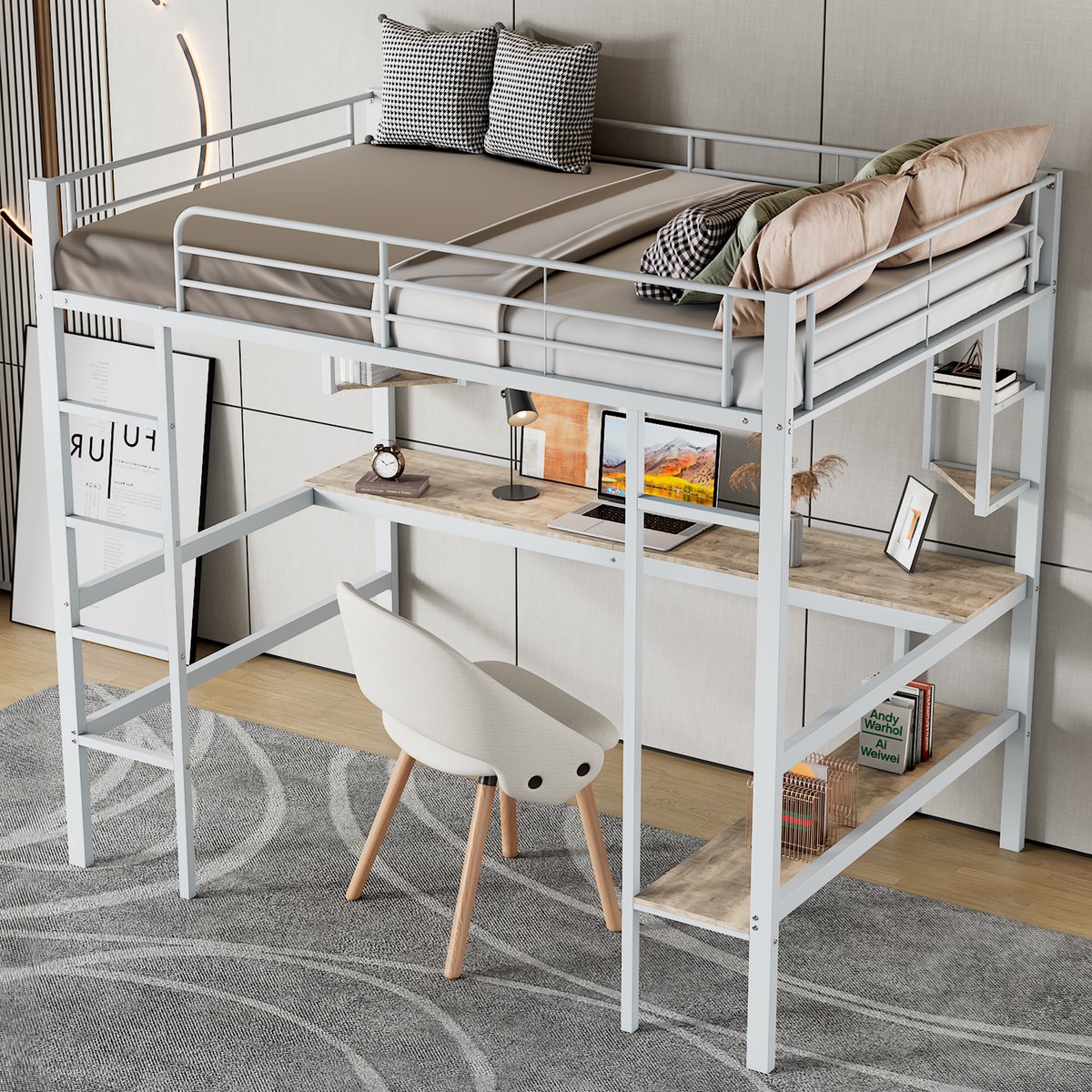 OKWISH Metalen Hoogslaper 90x200cm - Met Bureau en Boekenrek - Met 4 Plankjes - voor Kinderen en Studenten - Metaal - Wit - Zonder matras