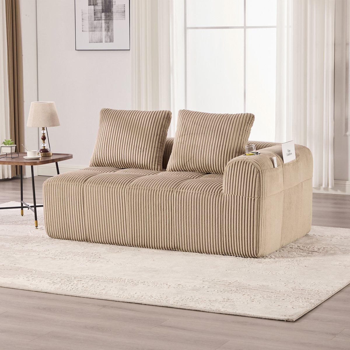 REDOM 2-zits bank 158x93x61 cm van corduroy stof, met grote zijvakken en bekerhouders Khaki