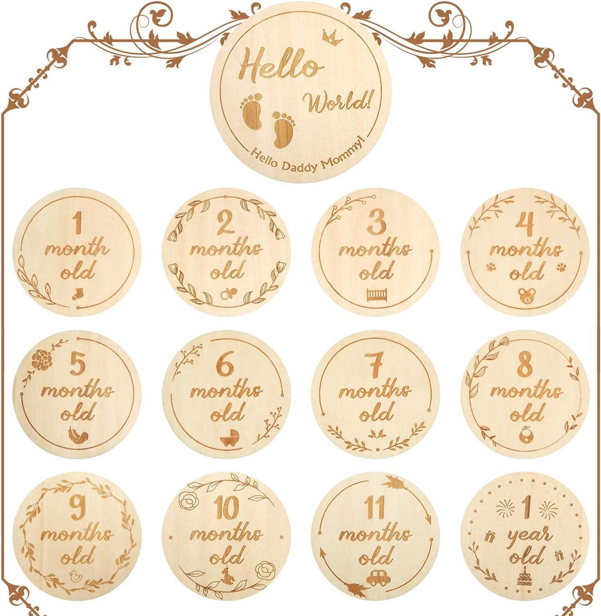 Houten Mijlpaalkaarten voor Babygroei – 13 Stuks Dubbelzijdige Maandelijkse Fotokaarten