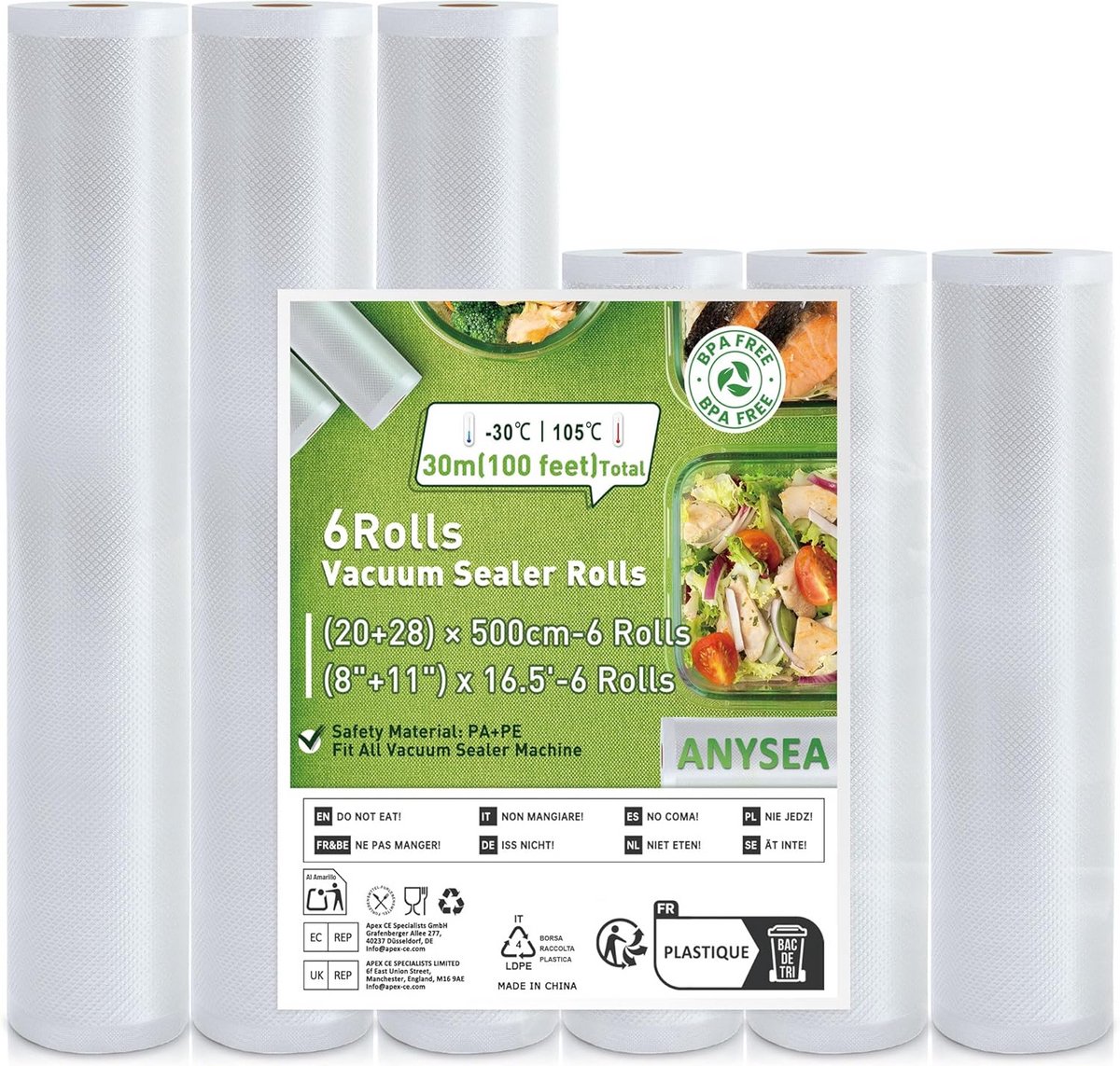 Vacuümzakken 6 Rollen 20/28x500cm - Professionele Vacuümfolie voor Vacuümsealers
