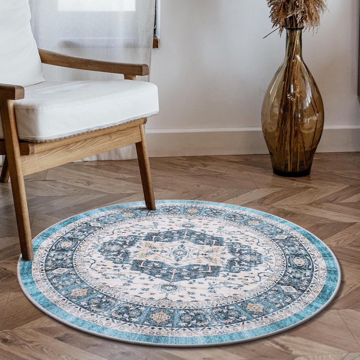 Famanu – Wasbaar rond tapijt 90 cm antislip dun vintage medaillon voor woonkamer slaapkamer en hal