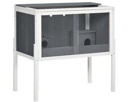 Hamsterkooi - Cavia kooi - Rattenkooi - Huisje - 2 Niveaus - Verwijderbare Lade - Met Voederstation - Zaag - Loopplank - Hutten - Hangbrug - Hout - 82L x 45B x 81H cm - Donkergrijs+Wit