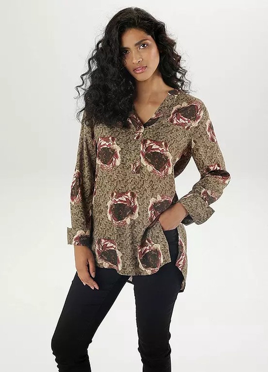 Aniston | Blouse | V hals | Olijf met harmonieus bloemmotief | Maat 42